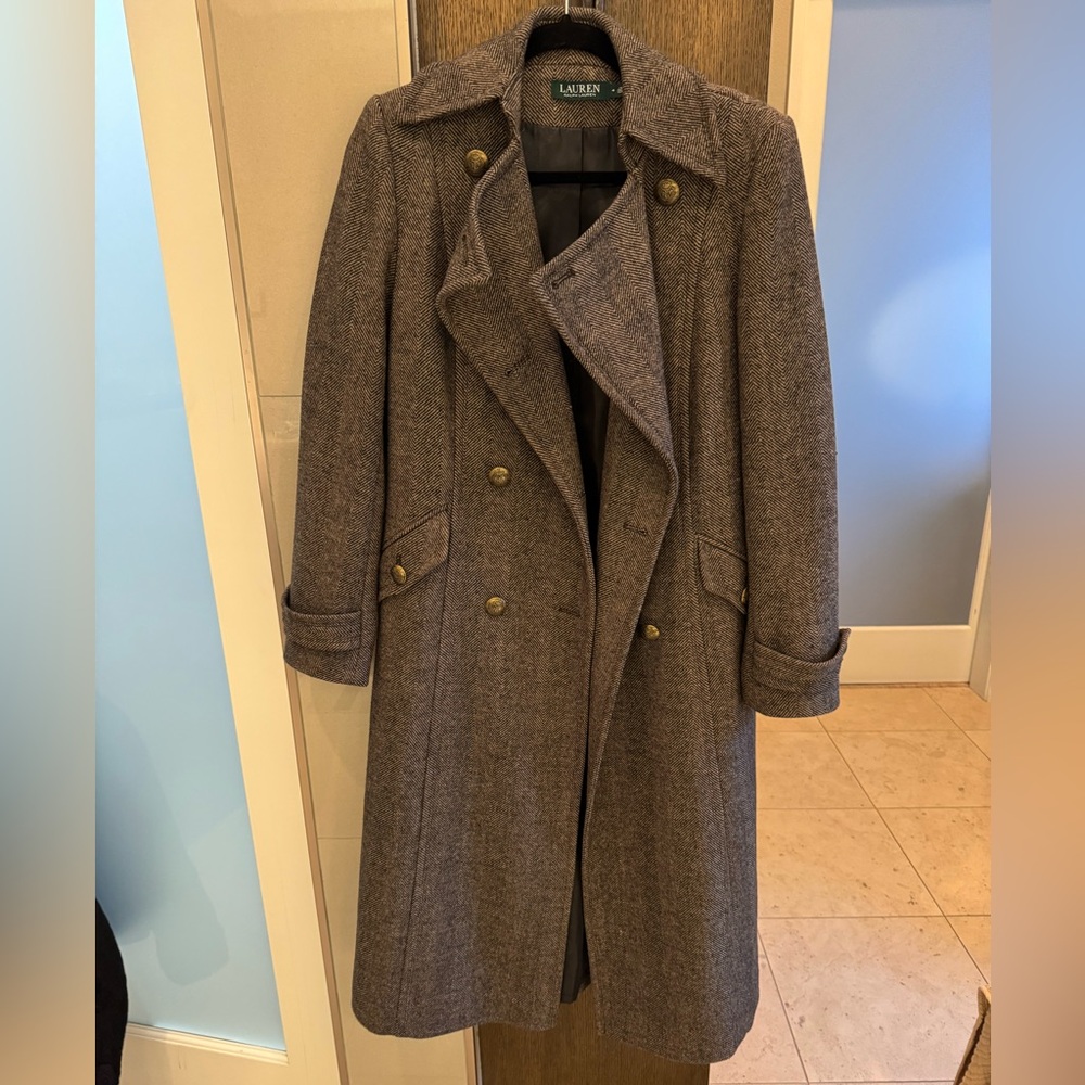 Ralph Lauren Brown Herringbone Double-Breasted Maxi Pea Coat - Picture 2 of 11